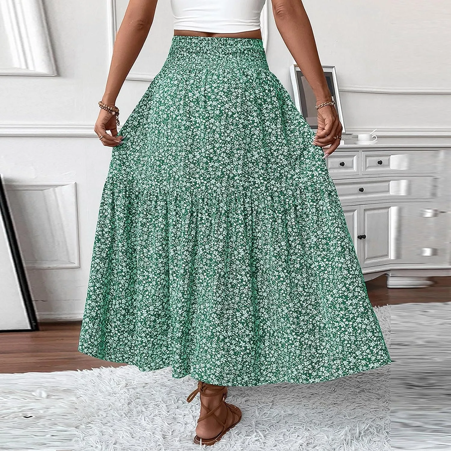 Women Summer Boho Skirt Floral Smocked Elastic Waist Flowy Swing Pleated Skirts Vacation Print A-Line Long Skirts