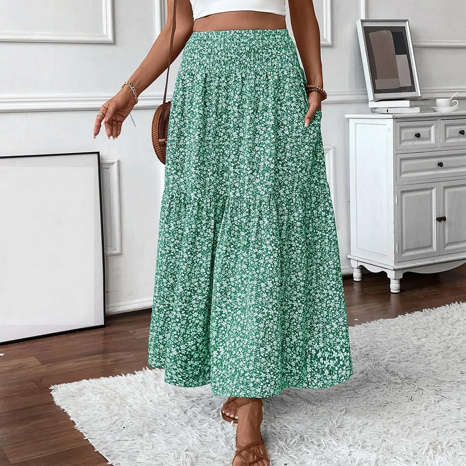 Women Summer Boho Skirt Floral Smocked Elastic Waist Flowy Swing Pleated Skirts Vacation Print A-Line Long Skirts