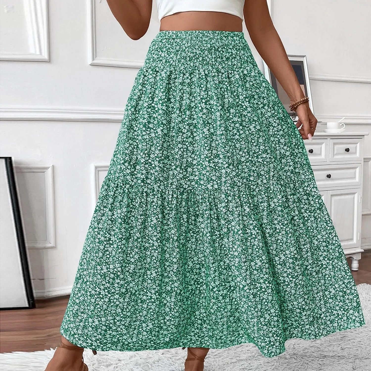 Women Summer Boho Skirt Floral Smocked Elastic Waist Flowy Swing Pleated Skirts Vacation Print A-Line Long Skirts