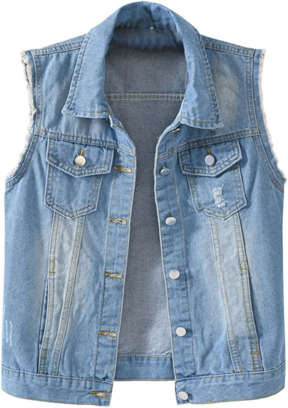Women Summer Casual Frayed Denim Waistcoat Lapel Sleeveless Button Down Ripped Jacket Vest with Pockets