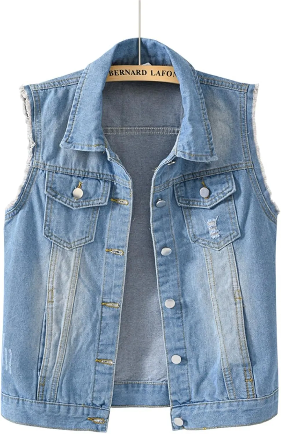 Women Summer Casual Frayed Denim Waistcoat Lapel Sleeveless Button Down Ripped Jacket Vest with Pockets