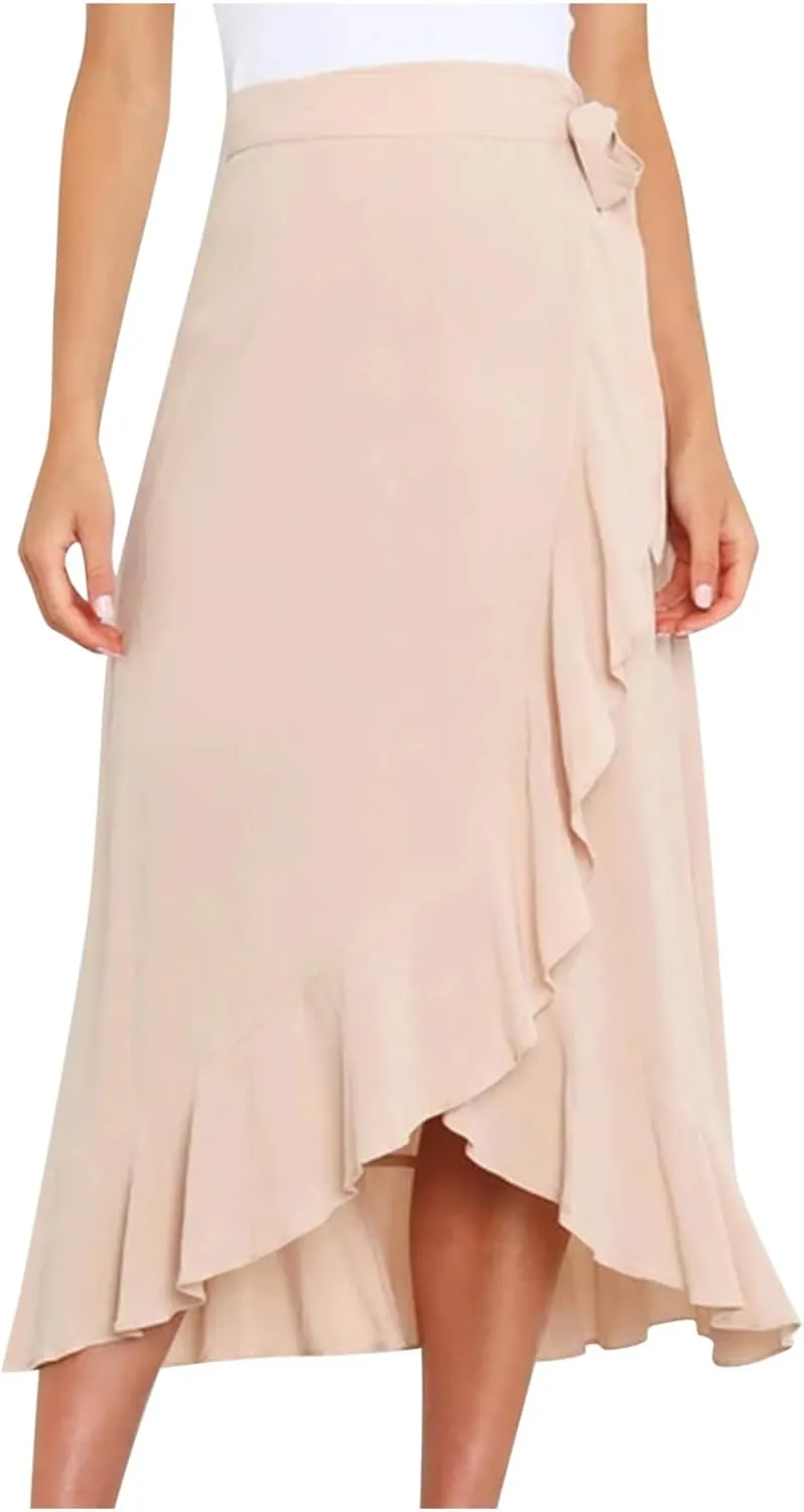 Women Trendy 2025 Bowknot Belt Waist Skirts Elegant Pleated Wrap Flared Long Swing Skirt Boho Flowy Beach Outfit