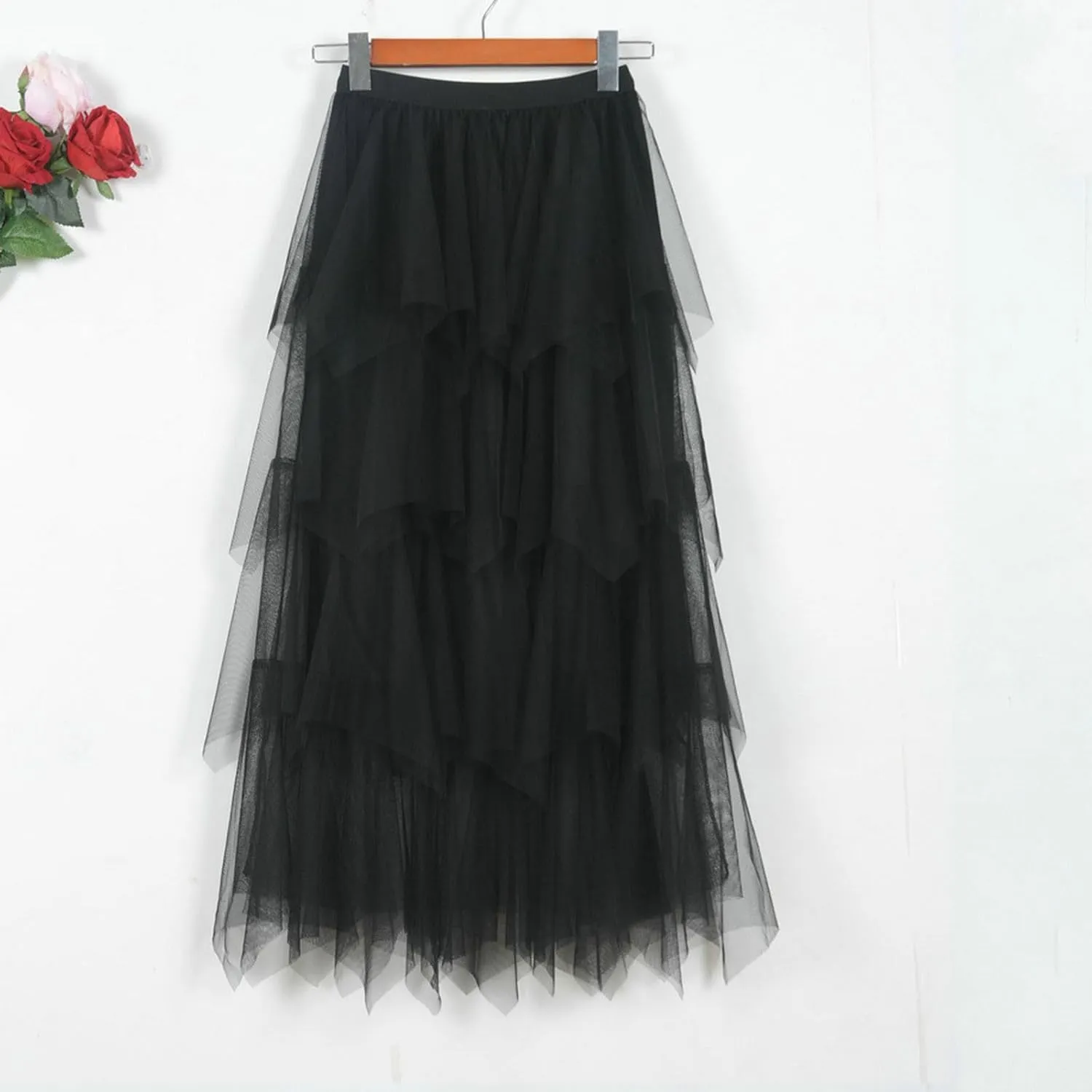 Women Tulle Skirts Layered Tutu Skirt Midi Length Elastic High Waist A Line Skirt Party Evening Mesh Skirt 2025