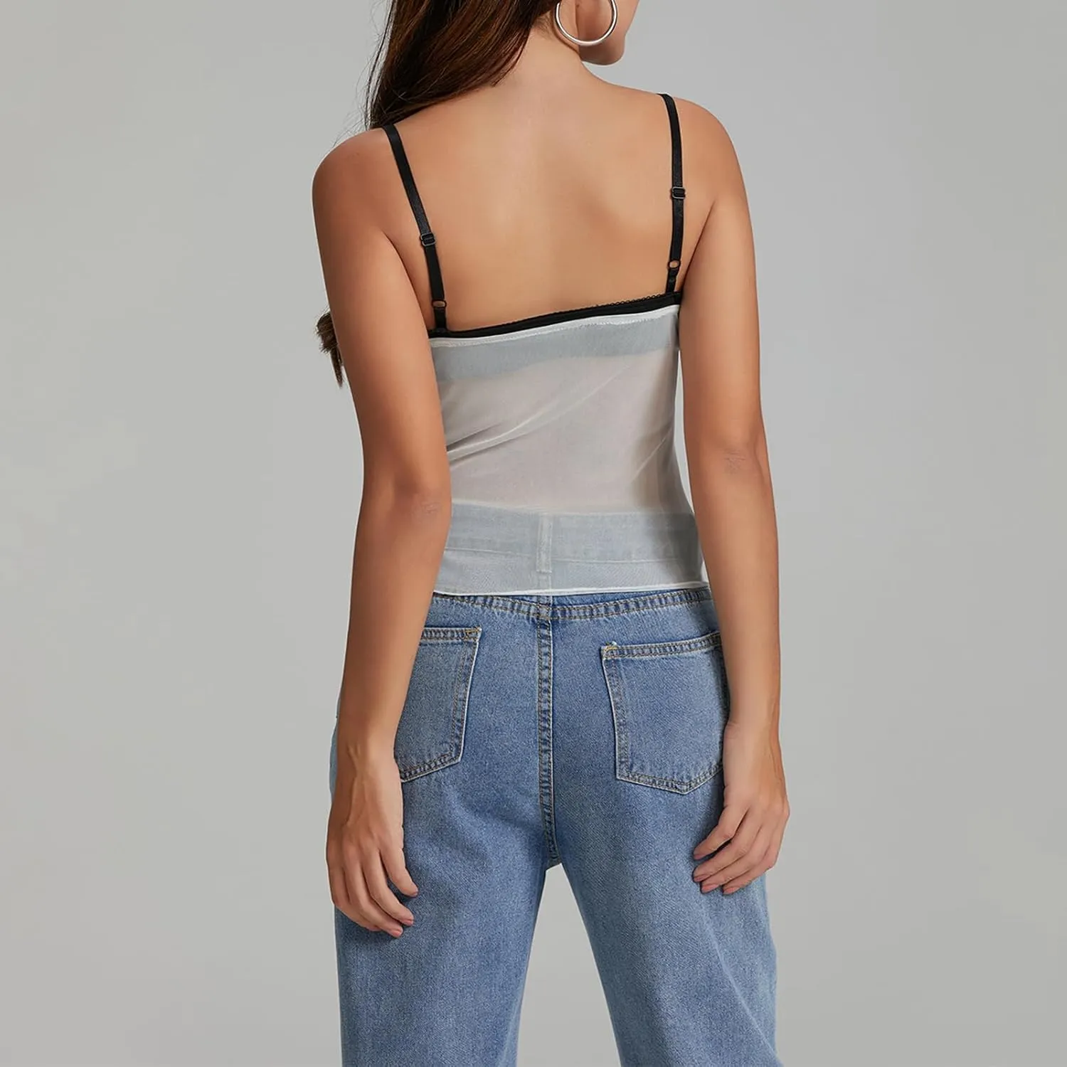 Women Y2k See Through Mesh Crop Tank Top Spaghetti Strap Sheer Cami Shirt Sexy Summer Cute Going Out Top