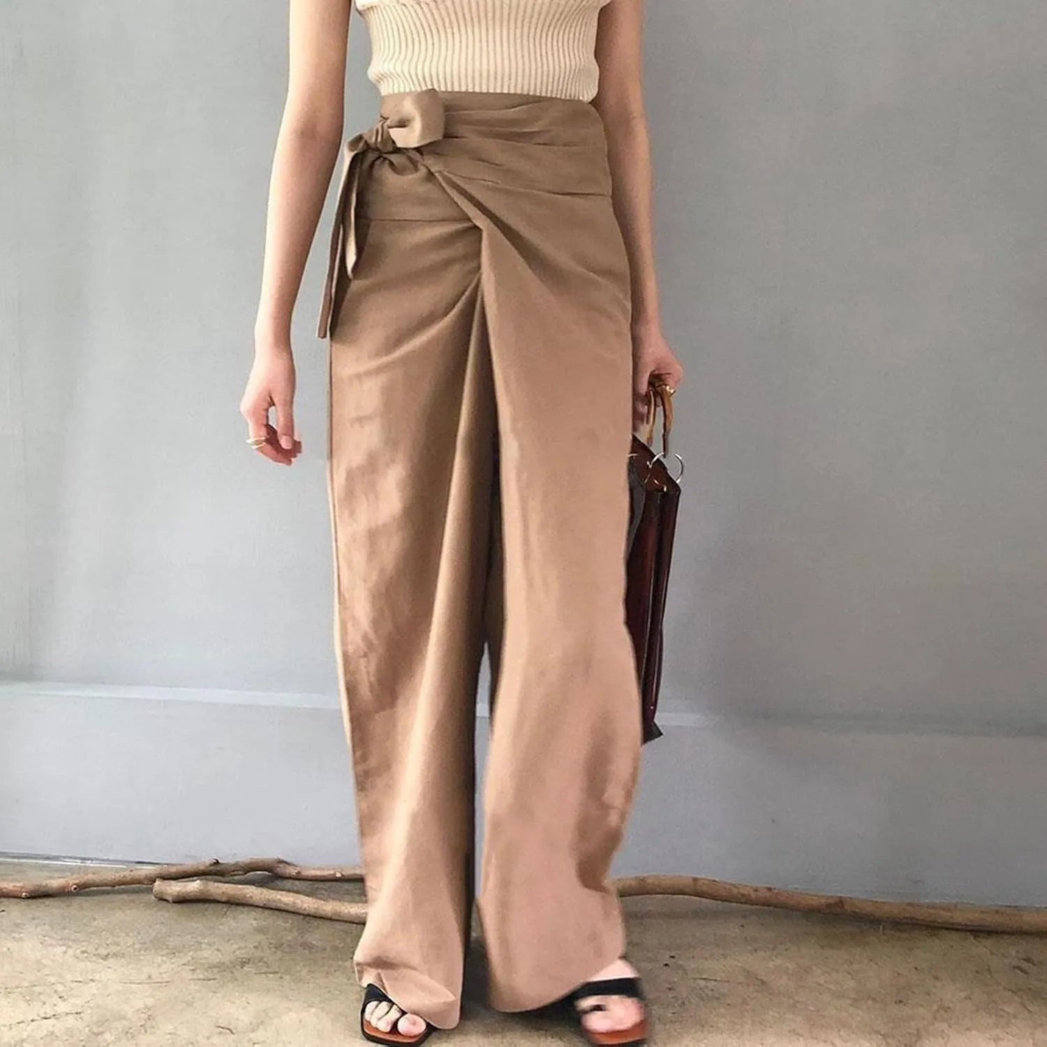 Women's 2023 Design Lace Up High Waist Trouser Street Fashion Popular Straight Wide Leg Comfy Pant Versatile Pant