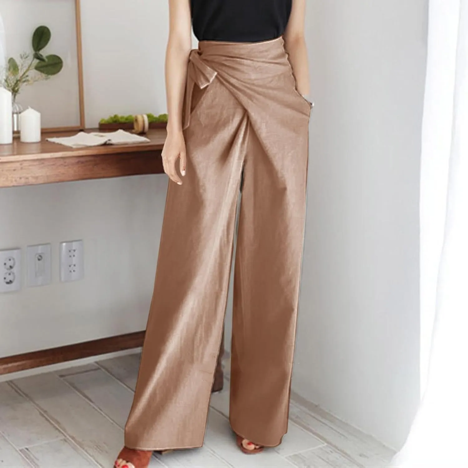 Women's 2023 Design Lace Up High Waist Trouser Street Fashion Popular Straight Wide Leg Comfy Pant Versatile Pant