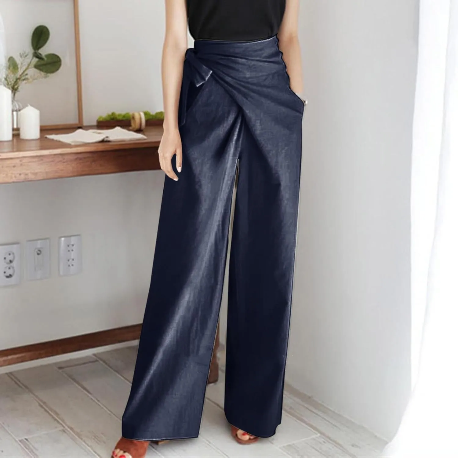 Women's 2023 Design Lace Up High Waist Trouser Street Fashion Popular Straight Wide Leg Comfy Pant Versatile Pant