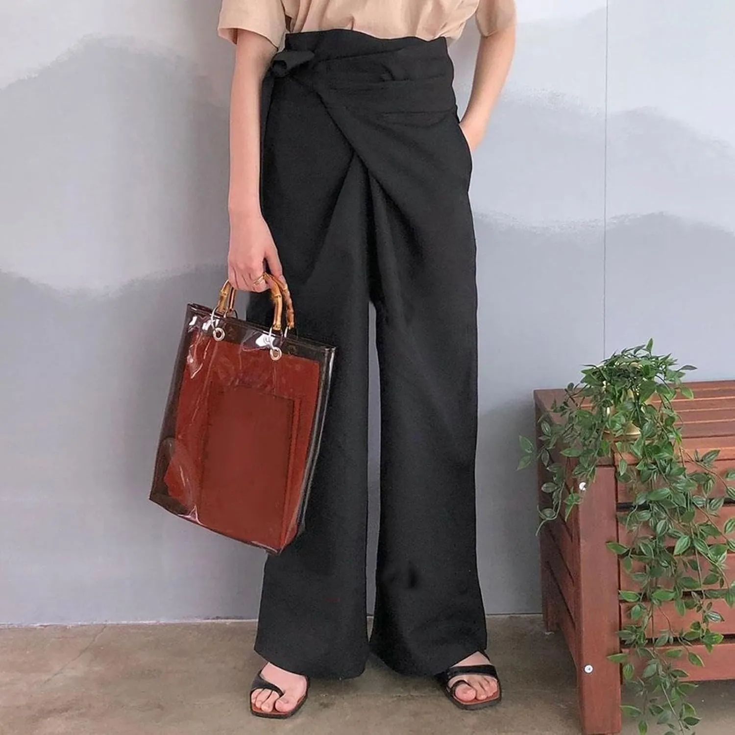 Women's 2023 Design Lace Up High Waist Trouser Street Fashion Popular Straight Wide Leg Comfy Pant Versatile Pant