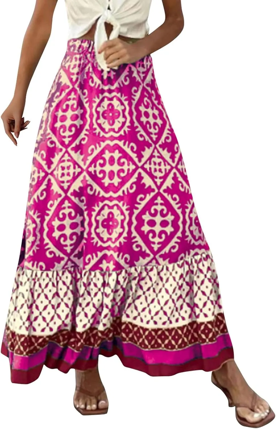 Women's 2025 Bohemian Long Skirts Flowy Elastic High Waist A Line Maxi Skirts Summer Printed Pleated Mini Skirt