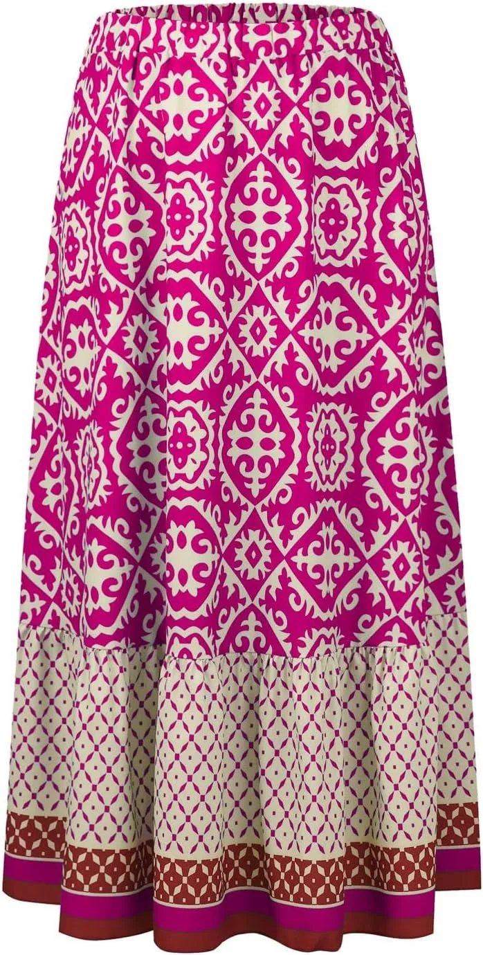 Women's 2025 Bohemian Long Skirts Flowy Elastic High Waist A Line Maxi Skirts Summer Printed Pleated Mini Skirt