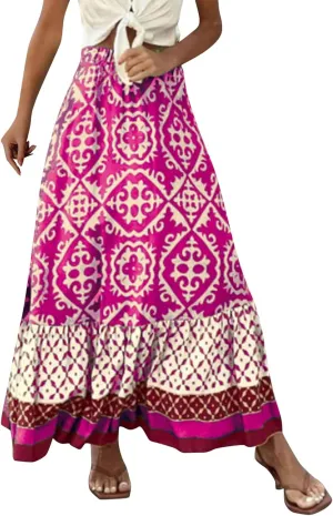 Women's 2025 Bohemian Long Skirts Flowy Elastic High Waist A Line Maxi Skirts Summer Printed Pleated Mini Skirt