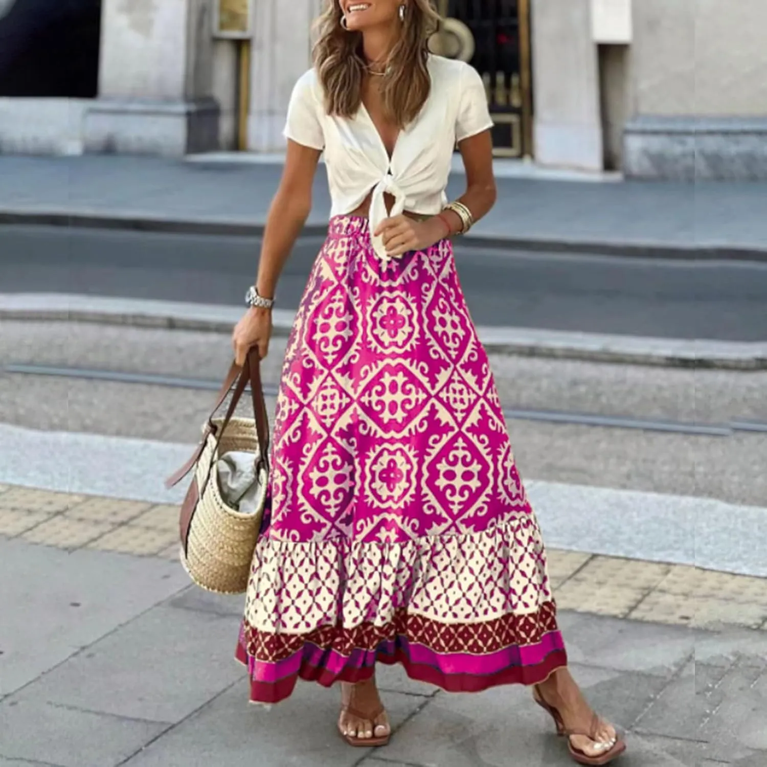 Women's 2025 Bohemian Long Skirts Flowy Elastic High Waist A Line Maxi Skirts Summer Printed Pleated Mini Skirt