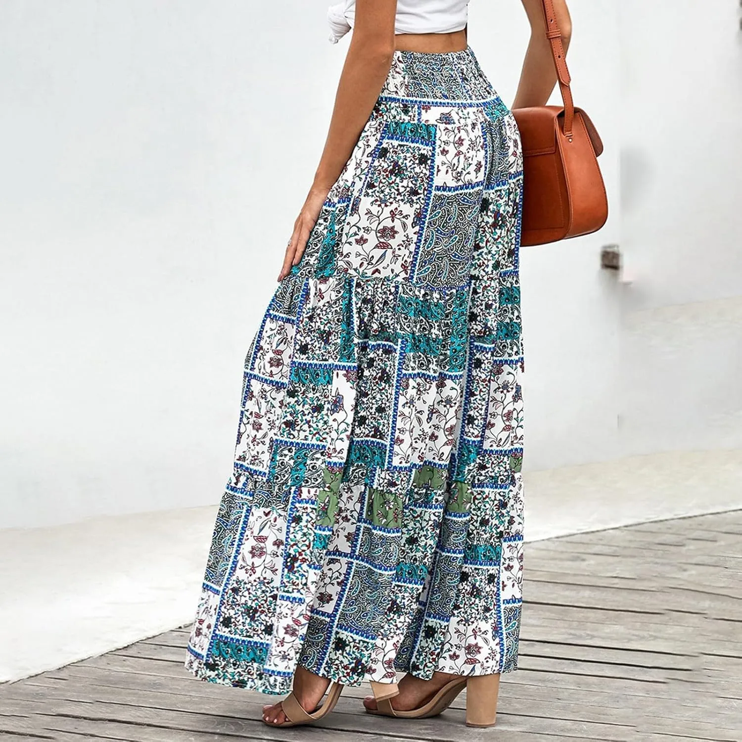 Women's 2025 Boho Long Skirts Print High Waist A Line Maxi Skirts Summer Casual Printed Pleated Ruffle Flowy Skirt