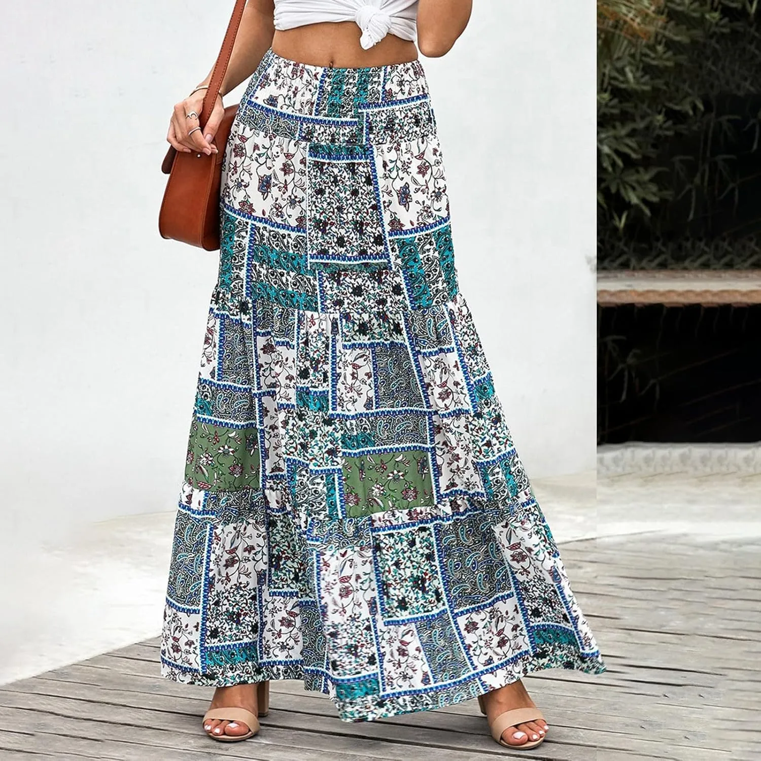 Women's 2025 Boho Long Skirts Print High Waist A Line Maxi Skirts Summer Casual Printed Pleated Ruffle Flowy Skirt