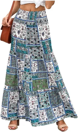 Women's 2025 Boho Long Skirts Print High Waist A Line Maxi Skirts Summer Casual Printed Pleated Ruffle Flowy Skirt