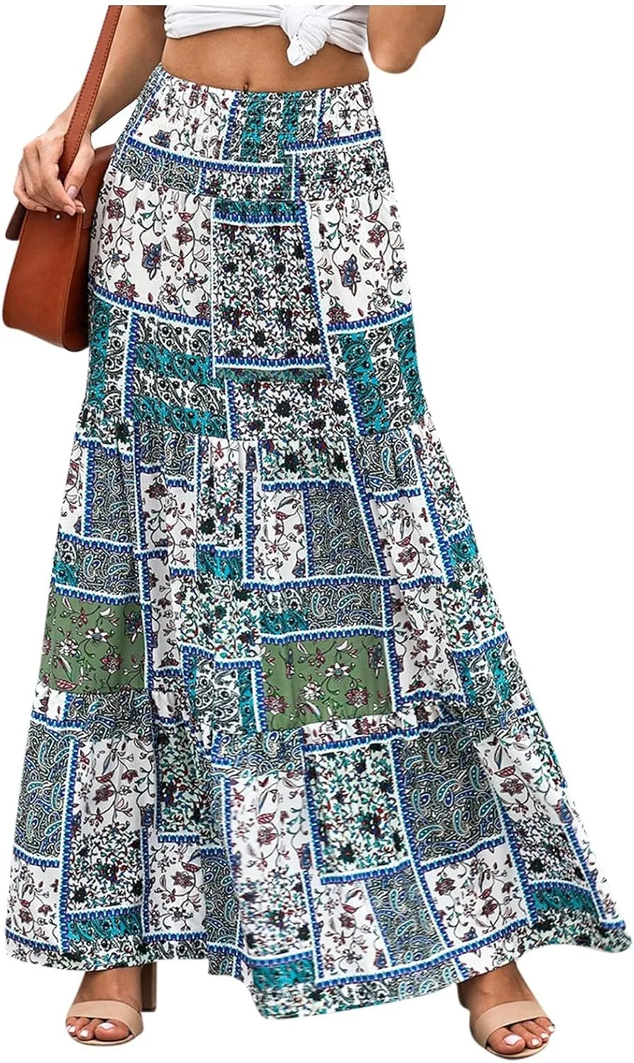 Women's 2025 Boho Long Skirts Print High Waist A Line Maxi Skirts Summer Casual Printed Pleated Ruffle Flowy Skirt