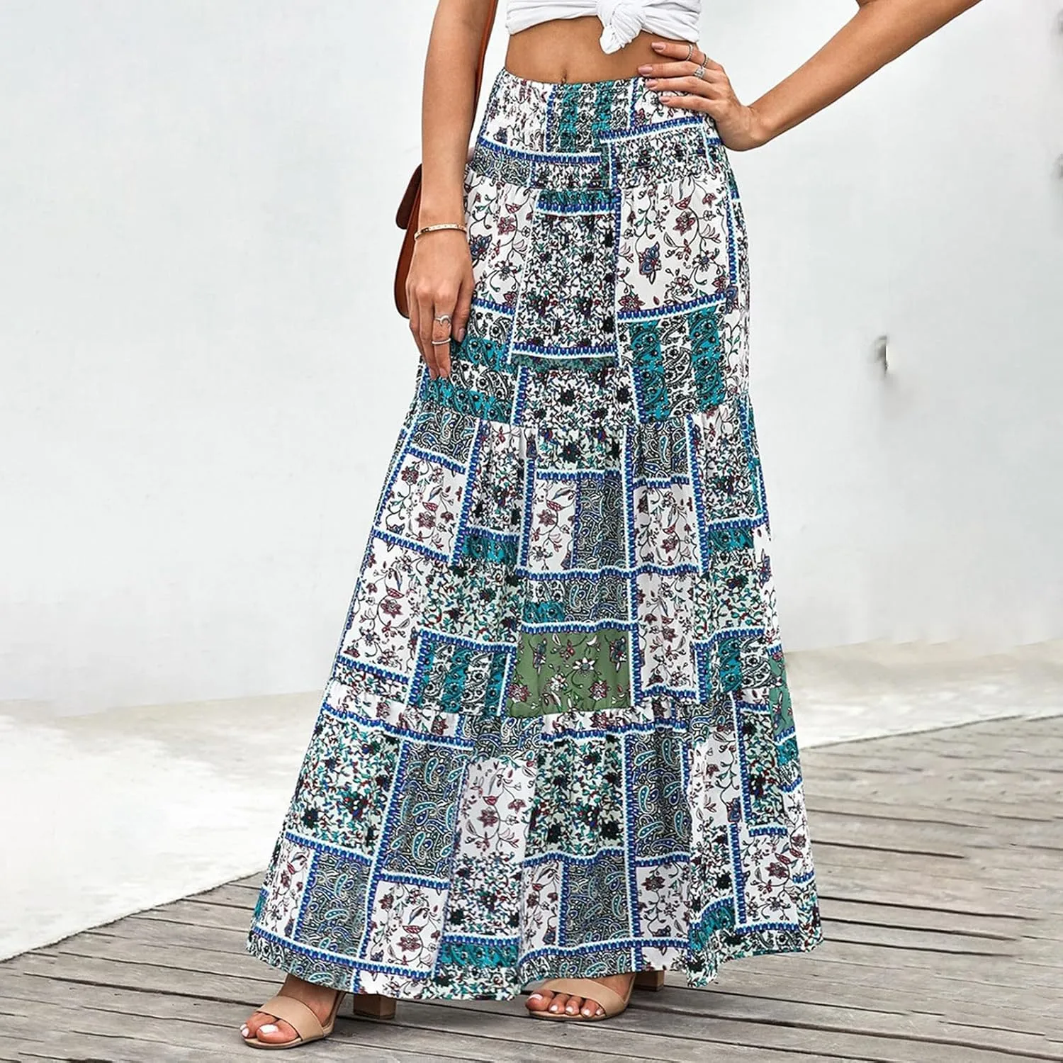 Women's 2025 Boho Long Skirts Print High Waist A Line Maxi Skirts Summer Casual Printed Pleated Ruffle Flowy Skirt