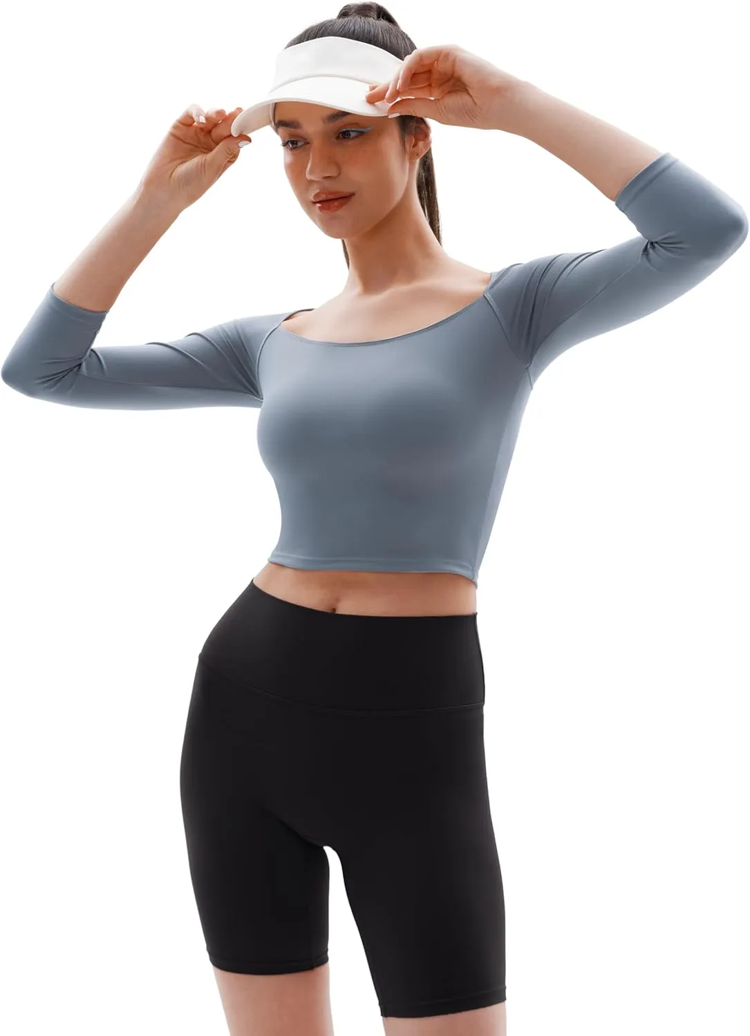 Womens 3/4 Sleeve Crop Tops Square Neck Backless Workout Tops Athletic Yoga Shirts