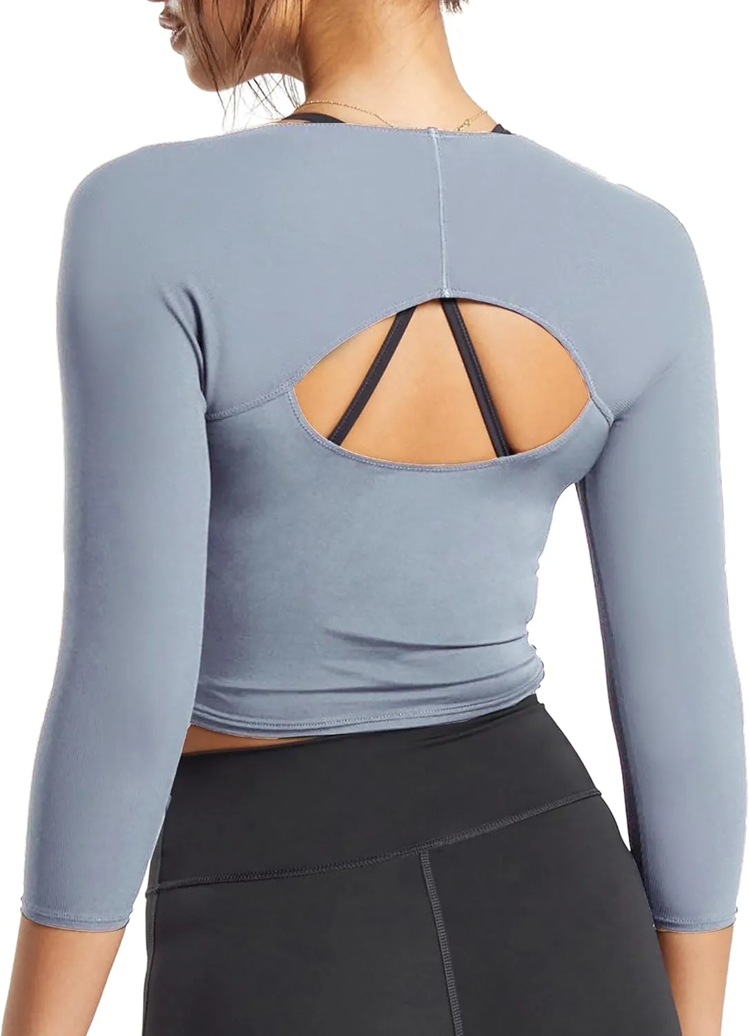 Womens 3/4 Sleeve Crop Tops Square Neck Backless Workout Tops Athletic Yoga Shirts