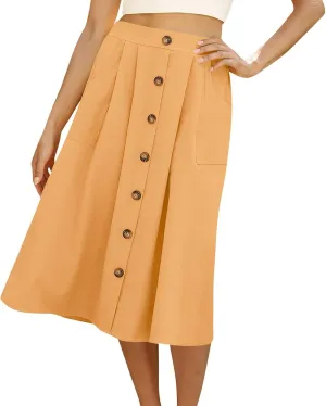 Womens A Line Midi Skirt Vintage Front Button Swing Skirt Summer Casual High Waisted Pleated Midi Skirt with Pockets