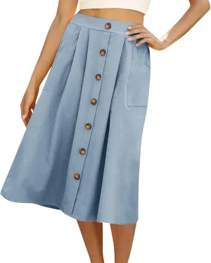 Womens A Line Midi Skirt Vintage Front Button Swing Skirt Summer Casual High Waisted Pleated Midi Skirt with Pockets