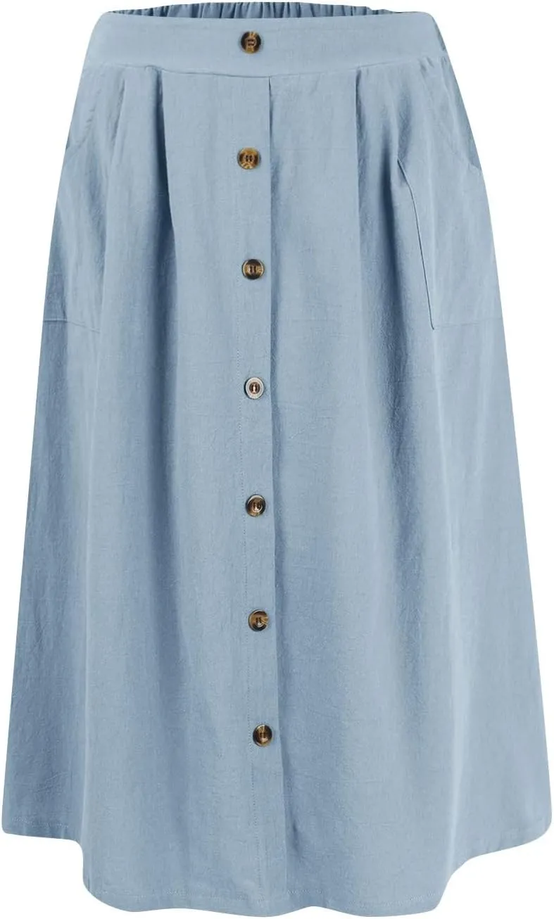Womens A Line Midi Skirt Vintage Front Button Swing Skirt Summer Casual High Waisted Pleated Midi Skirt with Pockets