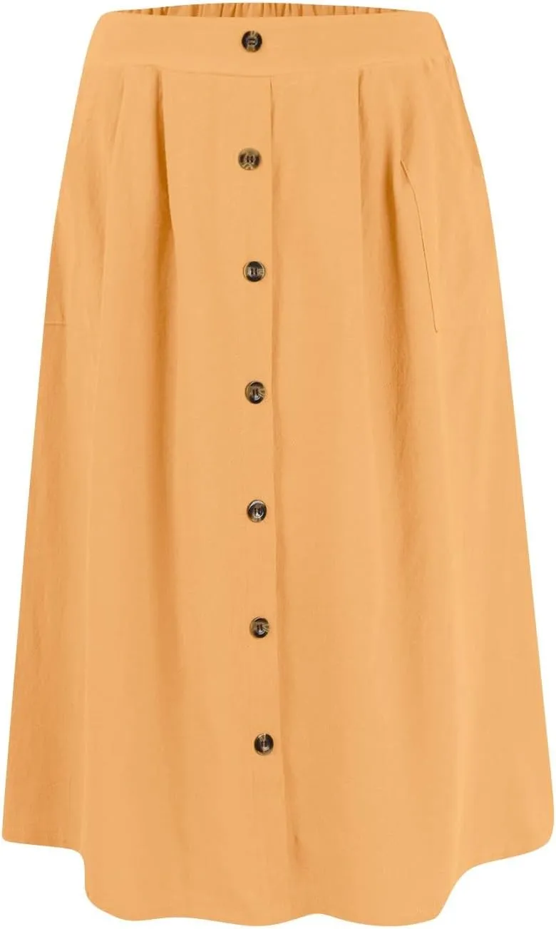 Womens A Line Midi Skirt Vintage Front Button Swing Skirt Summer Casual High Waisted Pleated Midi Skirt with Pockets