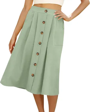 Womens A Line Midi Skirt Vintage Front Button Swing Skirts Summer High Waisted Pleated Midi Skirt with Pockets
