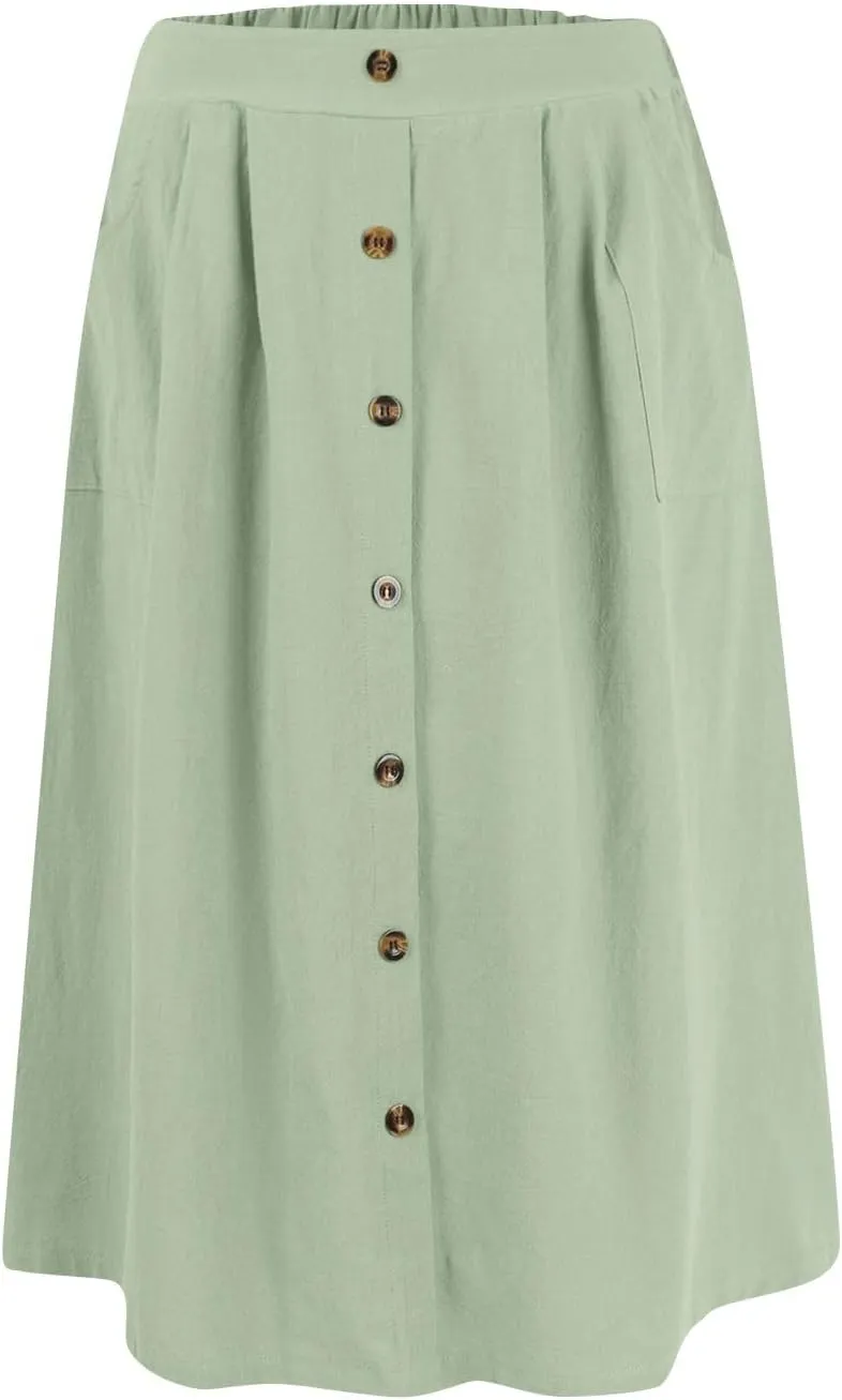 Womens A Line Midi Skirt Vintage Front Button Swing Skirts Summer High Waisted Pleated Midi Skirt with Pockets