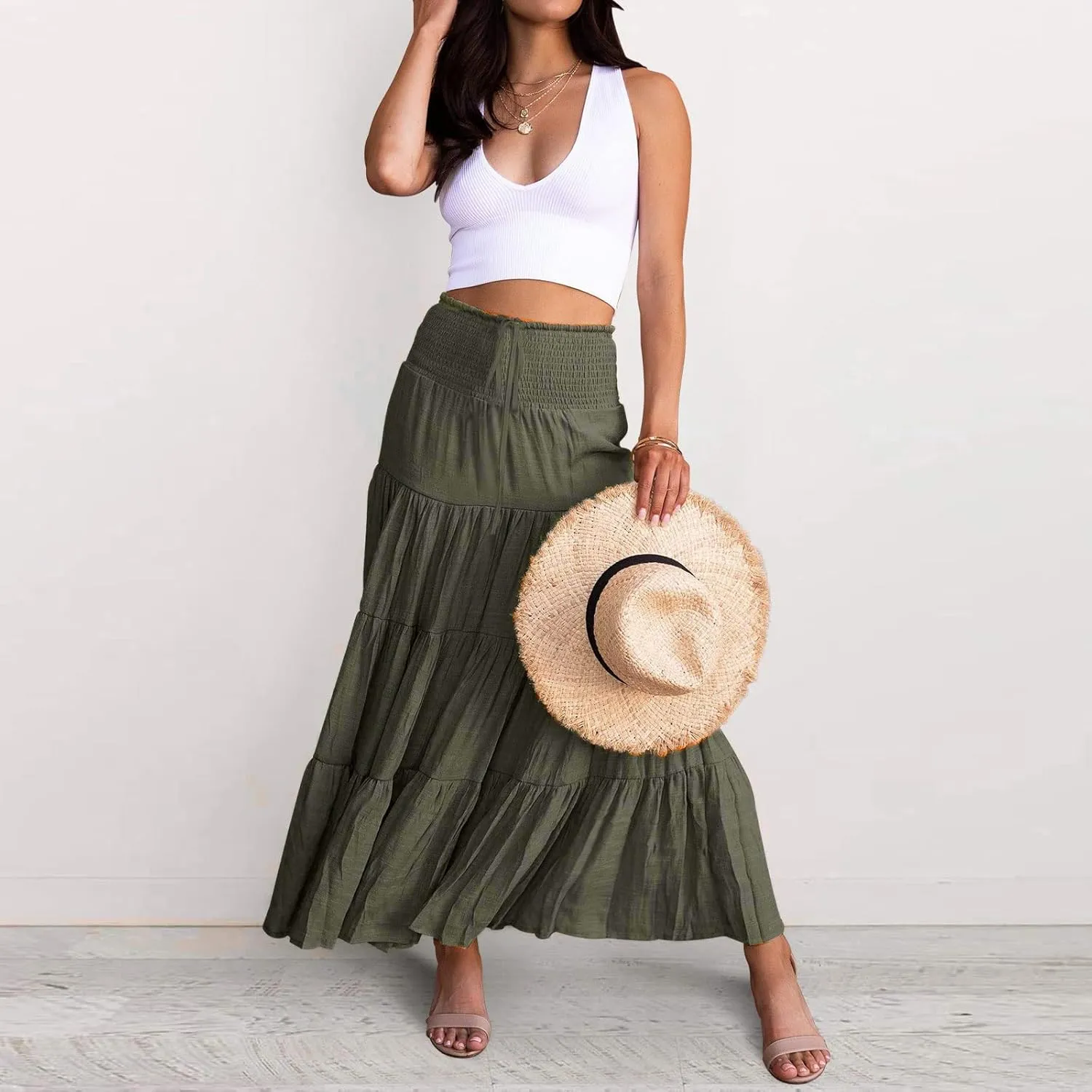 Women's Boho Elastic High Waist Pleated A-line Ruffle Midi Maxi Skirt Summer Flowy Casual Skirts Beach Holiday