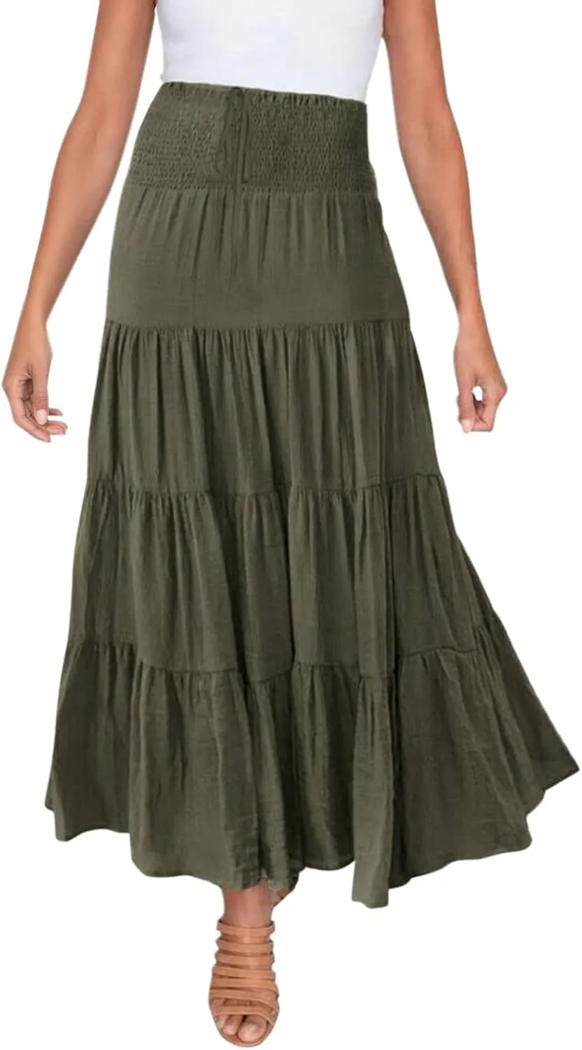 Women's Boho Elastic High Waist Pleated A-line Ruffle Midi Maxi Skirt Summer Flowy Casual Skirts Beach Holiday