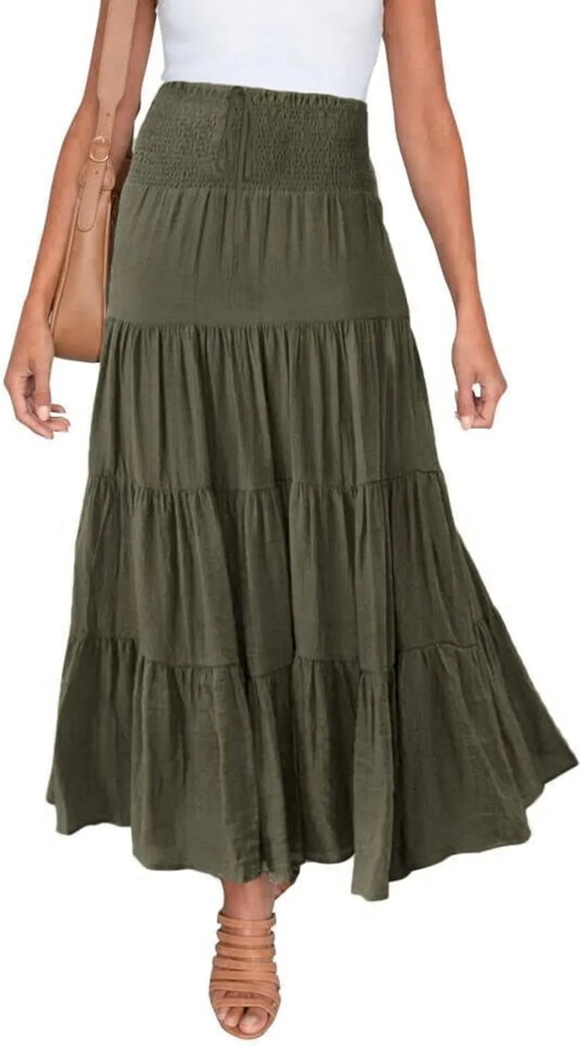 Women's Boho Elastic High Waist Pleated A-line Ruffle Midi Maxi Skirt Summer Flowy Casual Skirts Beach Holiday