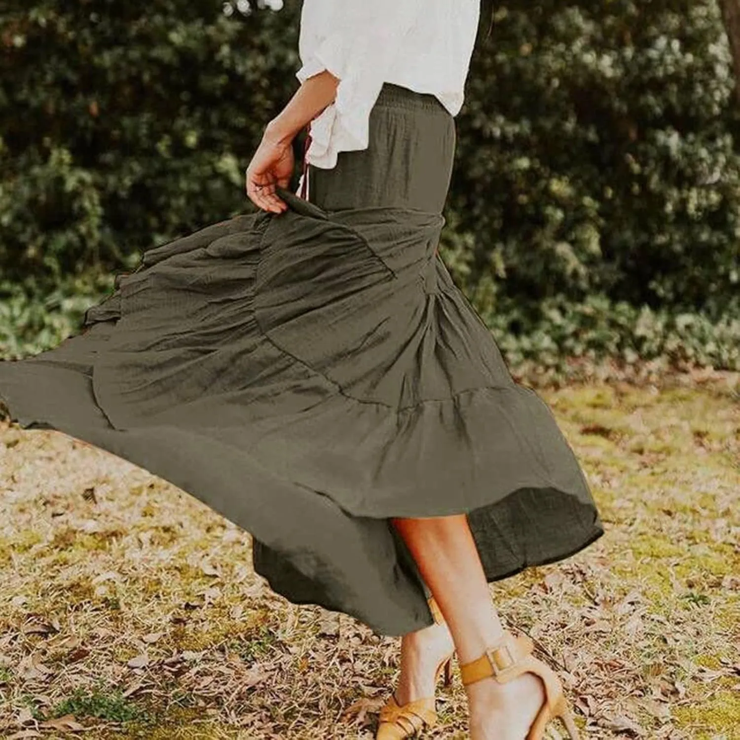 Women's Boho Elastic High Waist Pleated A-line Ruffle Midi Maxi Skirt Summer Flowy Casual Skirts Beach Holiday