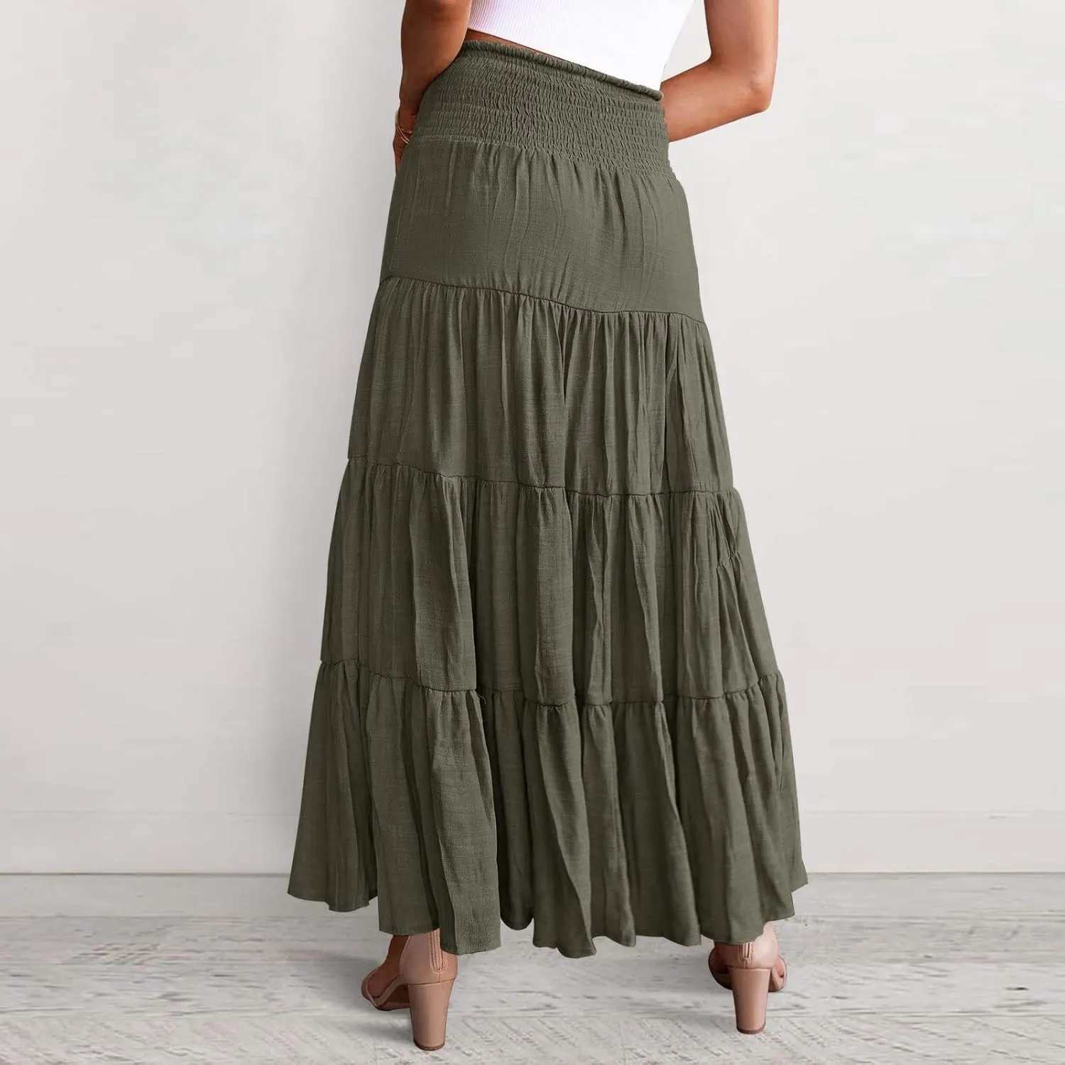 Women's Boho Elastic High Waist Pleated A-line Ruffle Midi Maxi Skirt Summer Flowy Casual Skirts Beach Holiday