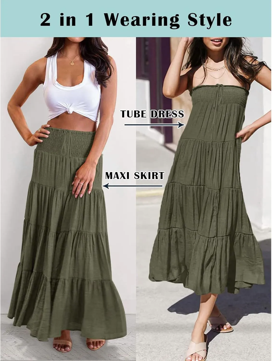Women's Boho Elastic High Waist Pleated A-line Ruffle Midi Maxi Skirt Summer Flowy Casual Skirts Beach Holiday