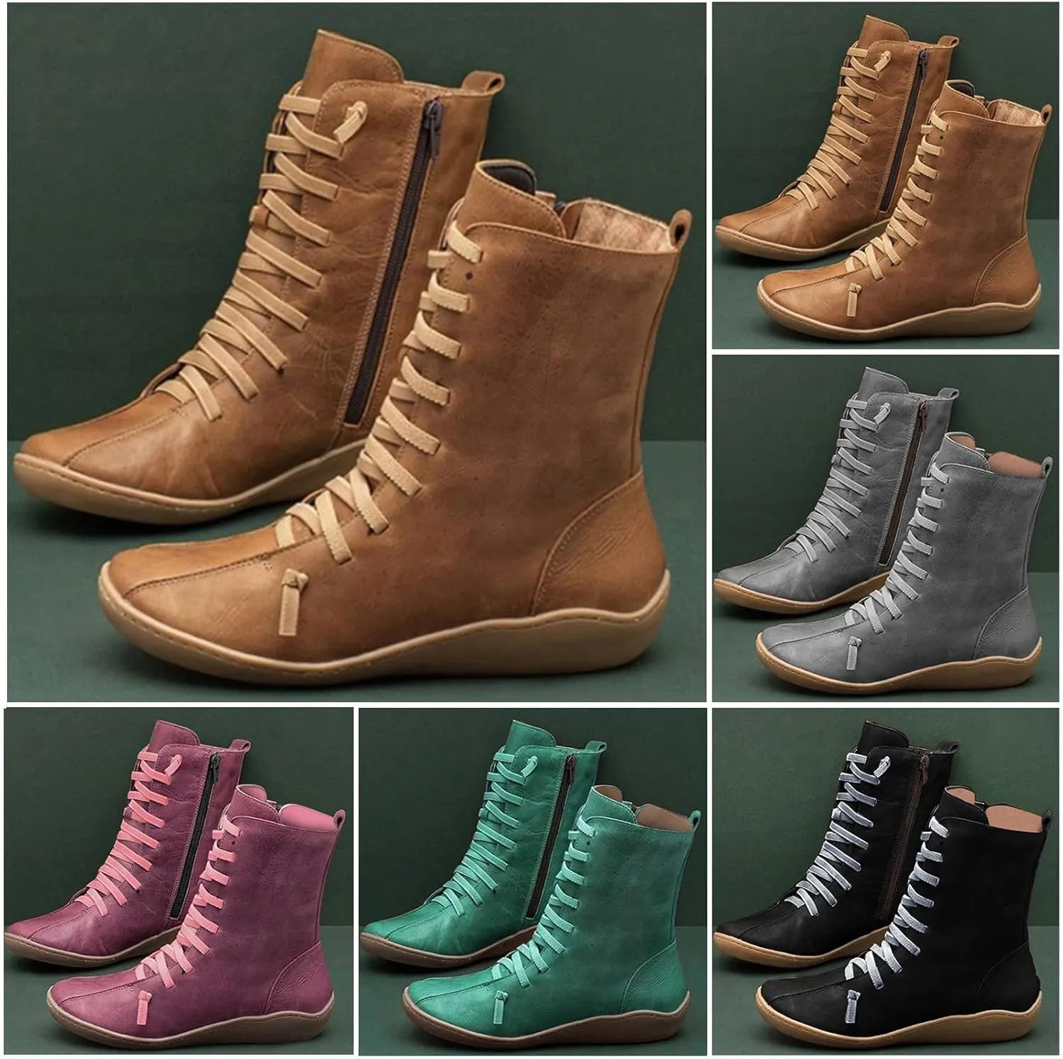 Women's Casual Boots Work Boots for Women Wide WidthWomen's Retro Mid-Calf Boots Solid Color Lace-up Short Boots
