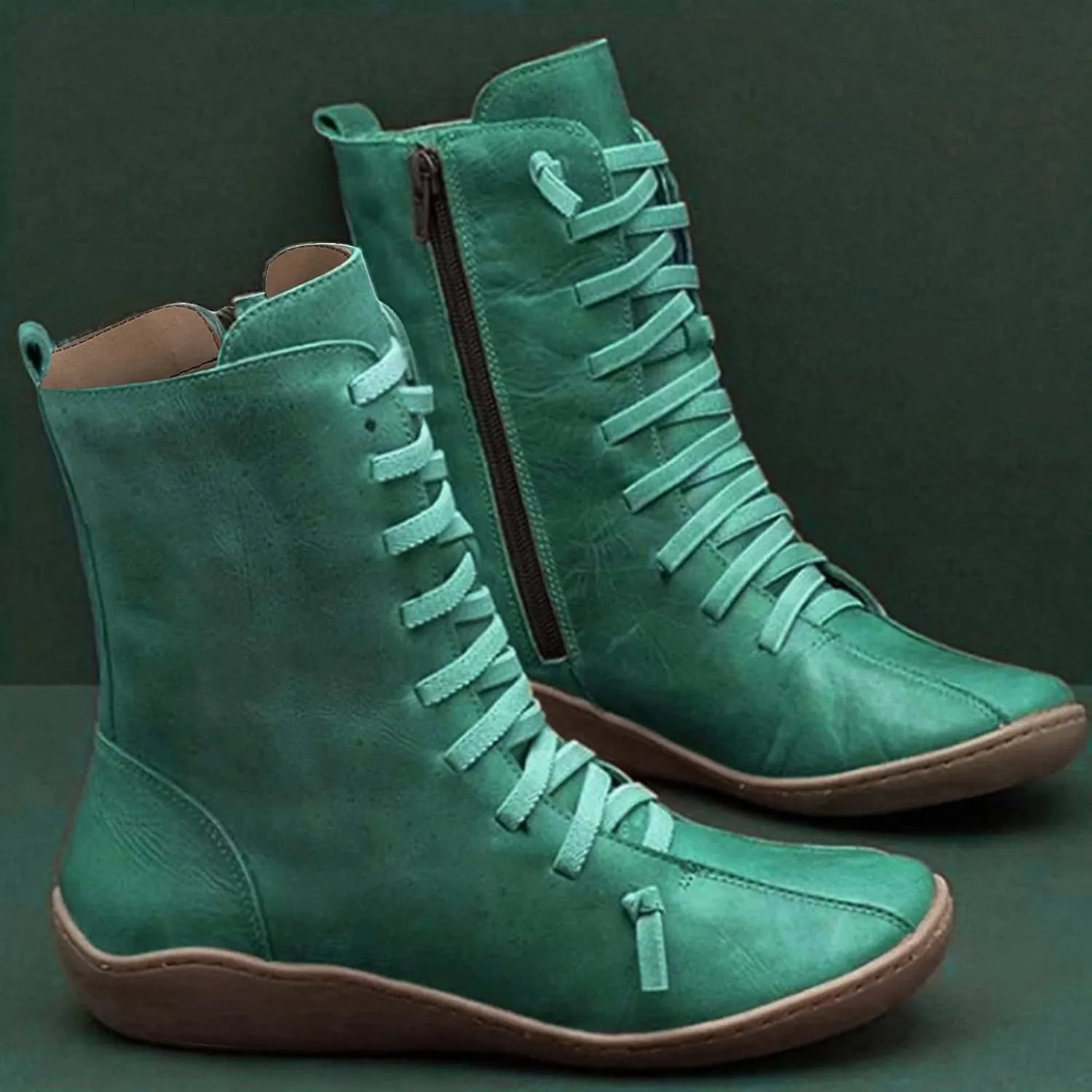 Women's Casual Boots Work Boots for Women Wide WidthWomen's Retro Mid-Calf Boots Solid Color Lace-up Short Boots