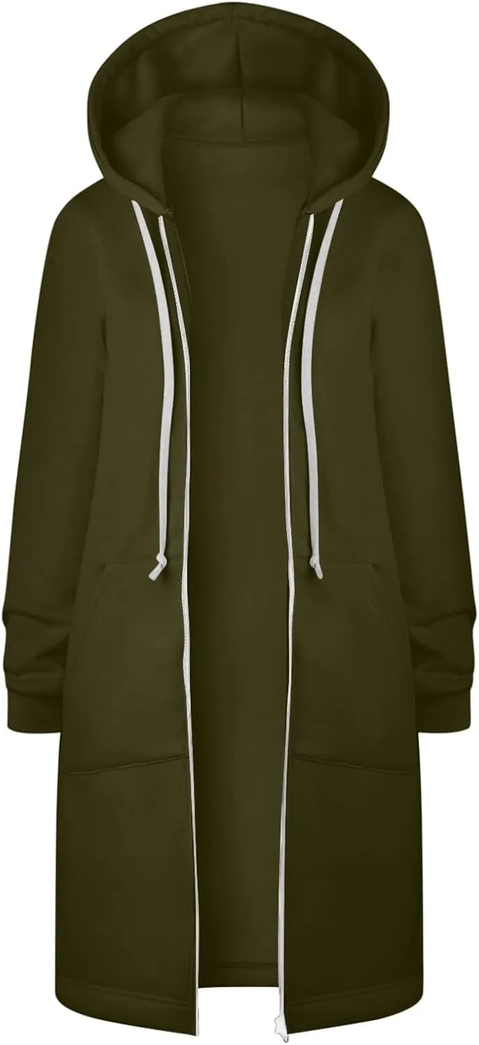 Womens Casual Full Zip Up Hoodie Long Sleeve Hooded Long Sweatshirt Comfortable Casual Pockets Tunic Jacket