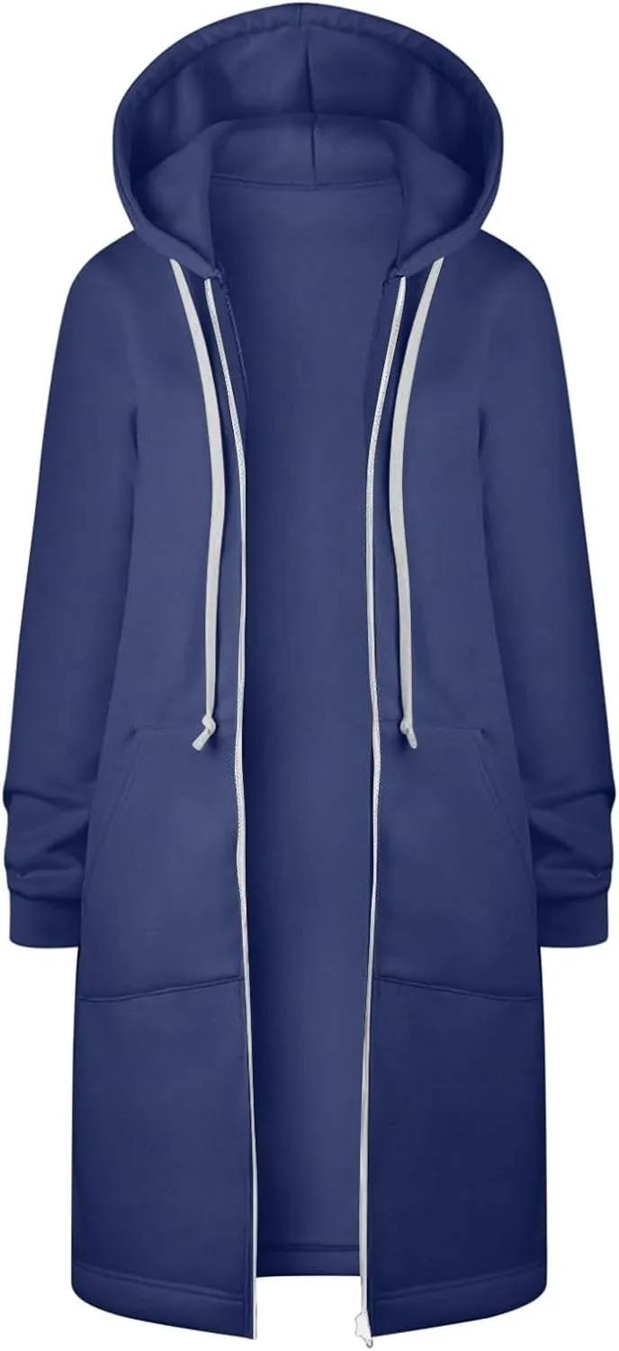 Womens Casual Full Zip Up Hoodie Long Sleeve Hooded Long Sweatshirt Comfortable Casual Pockets Tunic Jacket