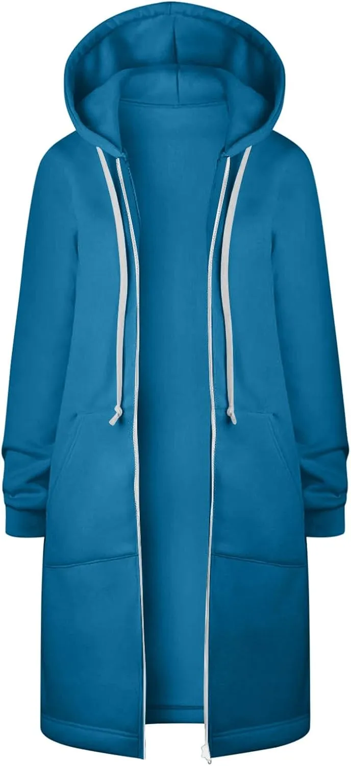 Womens Casual Full Zip Up Hoodie Long Sleeve Hooded Long Sweatshirt Comfortable Casual Pockets Tunic Jacket