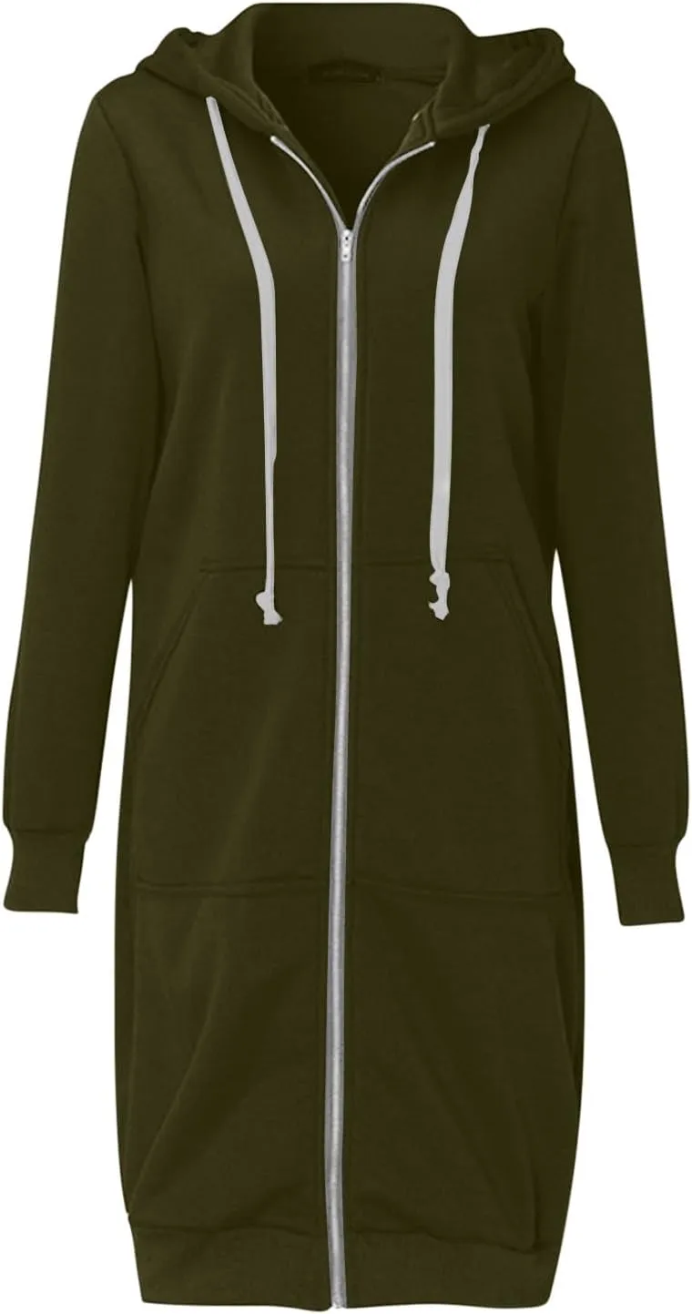 Womens Casual Full Zip Up Hoodie Long Sleeve Hooded Long Sweatshirt Comfortable Casual Pockets Tunic Jacket