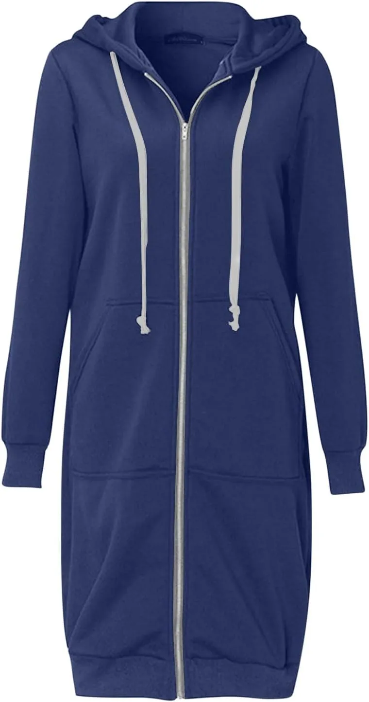 Womens Casual Full Zip Up Hoodie Long Sleeve Hooded Long Sweatshirt Comfortable Casual Pockets Tunic Jacket