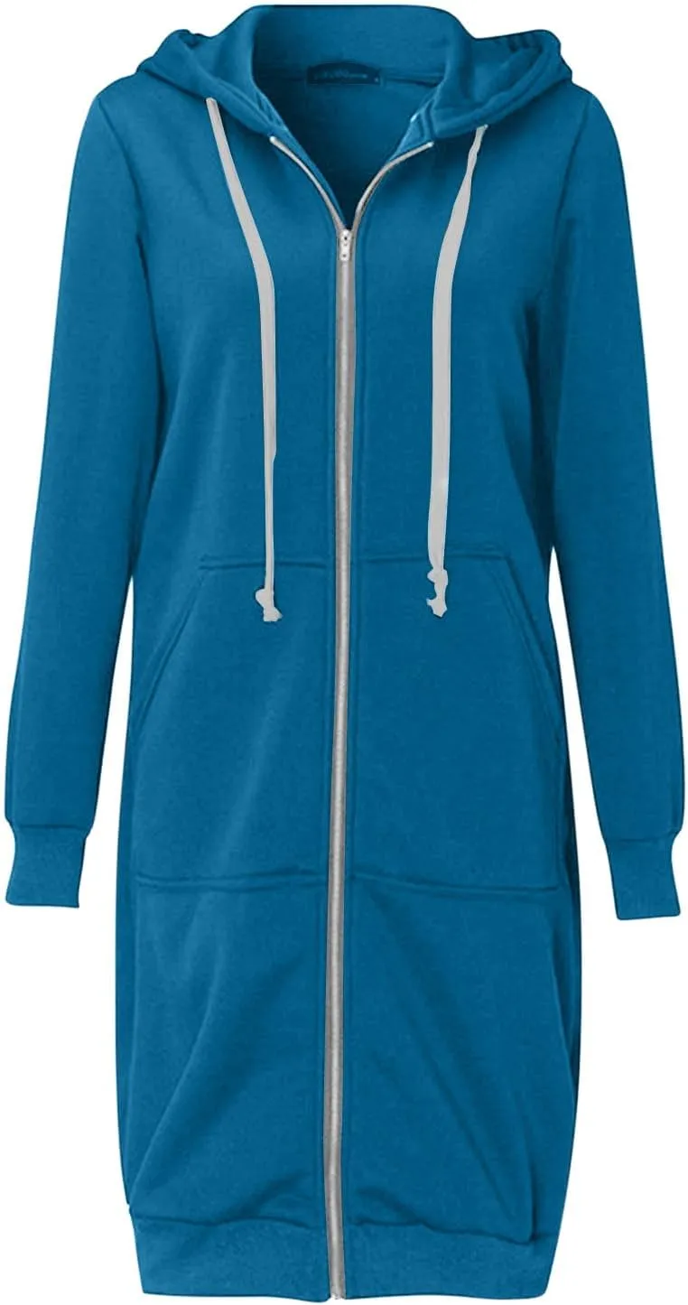 Womens Casual Full Zip Up Hoodie Long Sleeve Hooded Long Sweatshirt Comfortable Casual Pockets Tunic Jacket