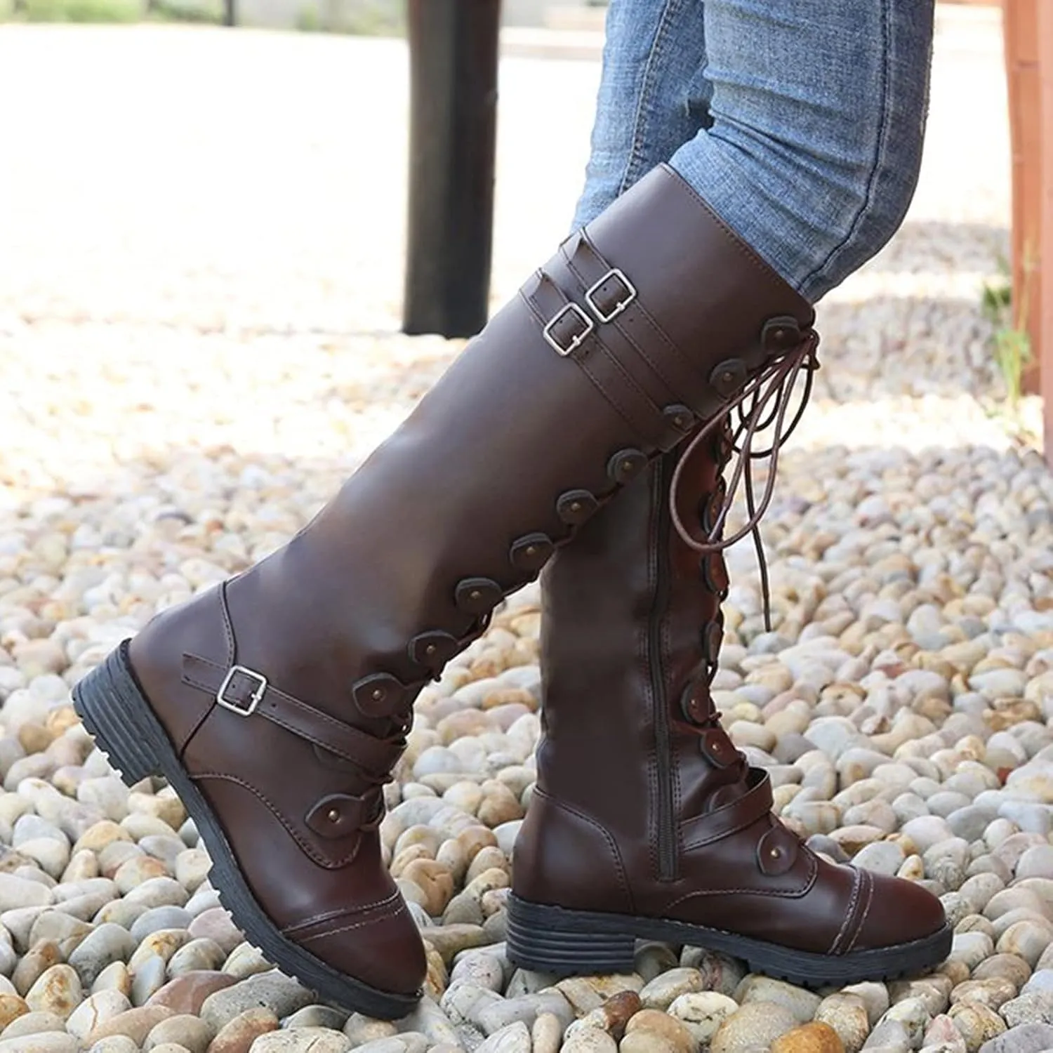 Womens Combat Boots,Low Heel Round Toe Tall Boots with Multi Adjustable Buckl Strap Long Strappy Lace Up Knee High Boots Classic Steampunk High Boots for Women Winter Fall Walking Hiking