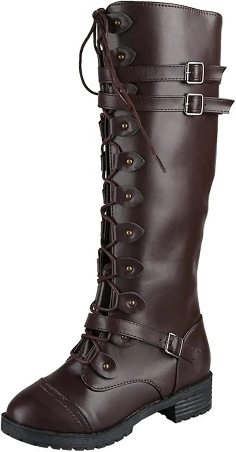 Womens Combat Boots,Low Heel Round Toe Tall Boots with Multi Adjustable Buckl Strap Long Strappy Lace Up Knee High Boots Classic Steampunk High Boots for Women Winter Fall Walking Hiking