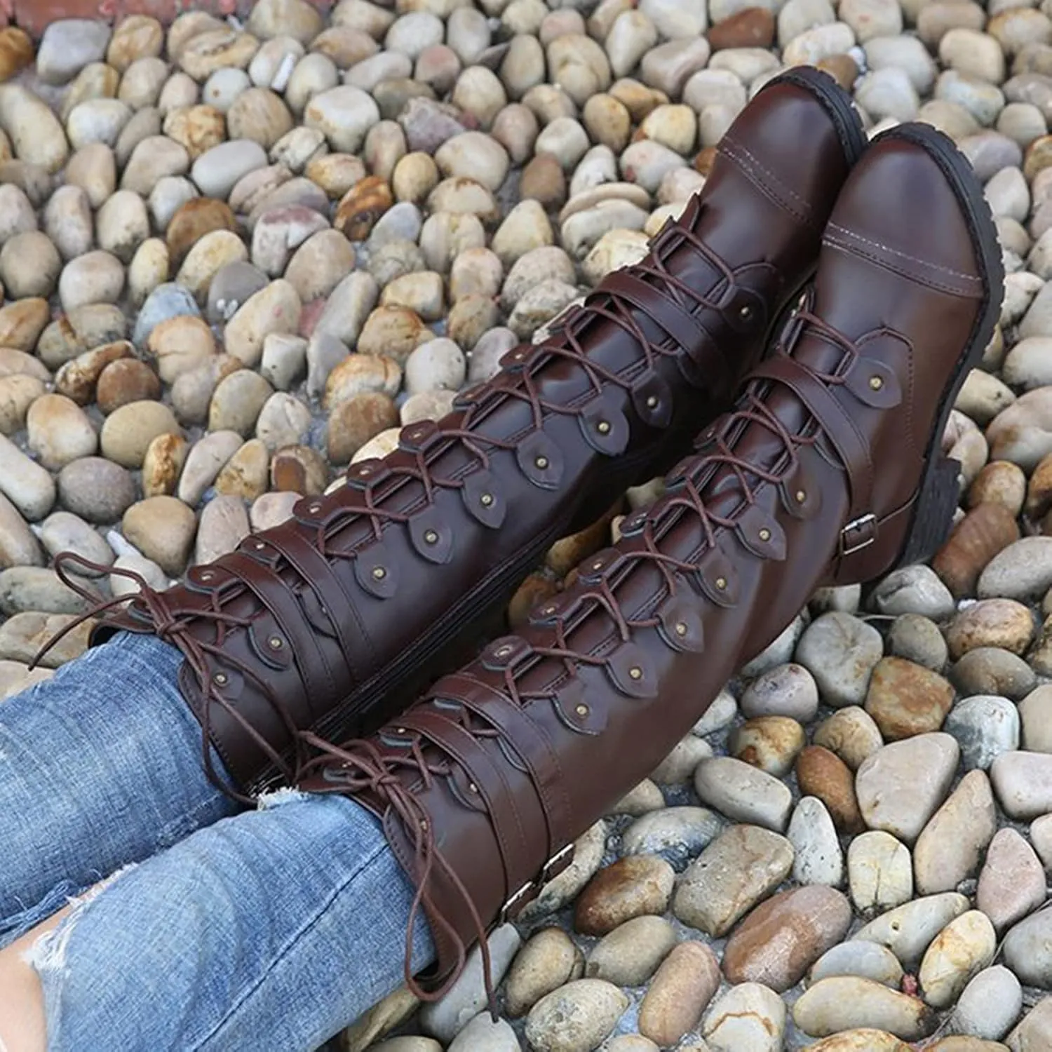 Womens Combat Boots,Low Heel Round Toe Tall Boots with Multi Adjustable Buckl Strap Long Strappy Lace Up Knee High Boots Classic Steampunk High Boots for Women Winter Fall Walking Hiking