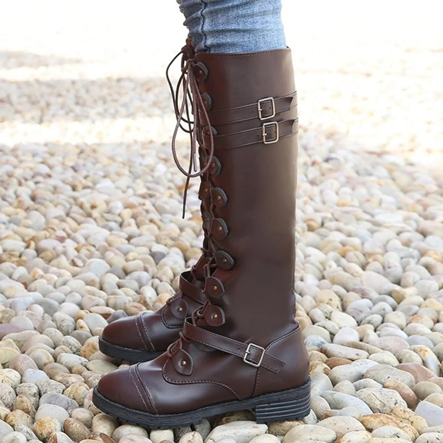 Womens Combat Boots,Low Heel Round Toe Tall Boots with Multi Adjustable Buckl Strap Long Strappy Lace Up Knee High Boots Classic Steampunk High Boots for Women Winter Fall Walking Hiking