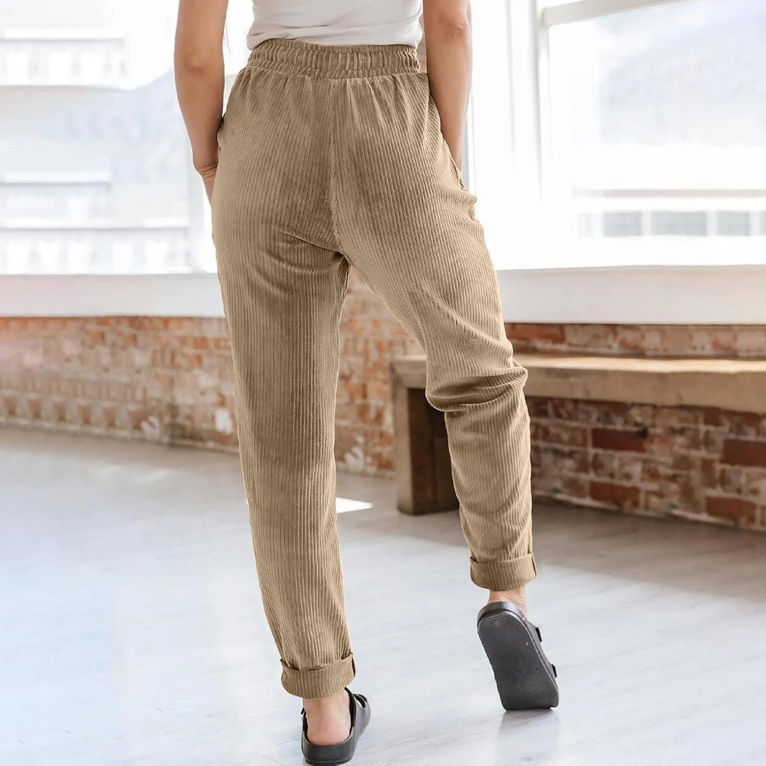 Womens Corduroy Pants Elastic High Waist Straight Leg Pants Casual Comfy Lightweight Cotton Baggy Trousers w/Pockets