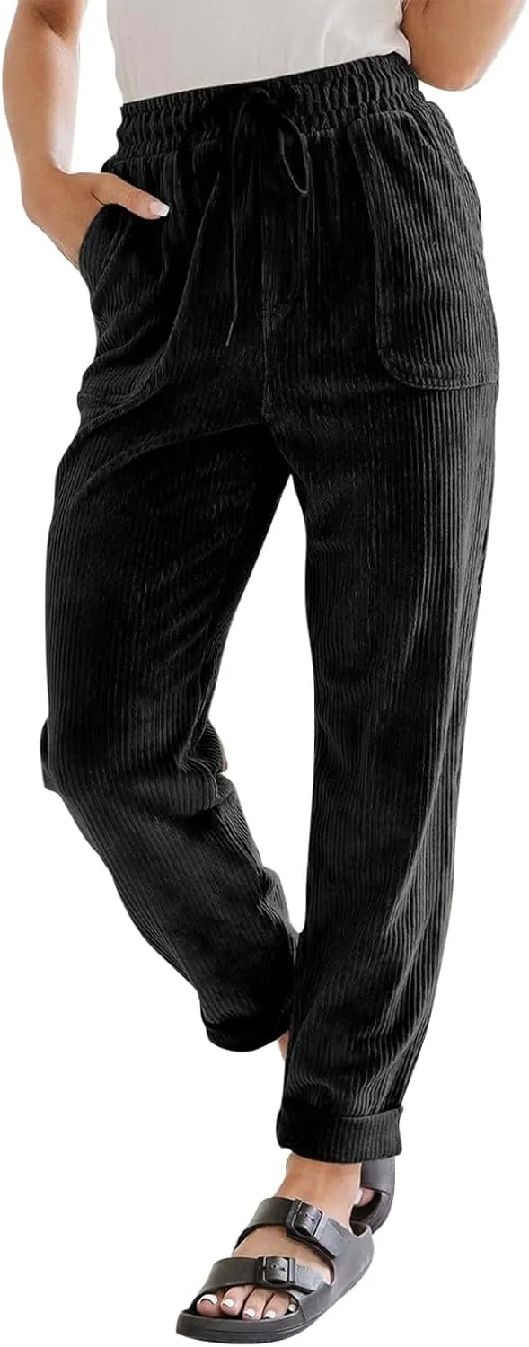 Womens Corduroy Pants Elastic High Waist Straight Leg Pants Casual Comfy Lightweight Cotton Baggy Trousers w/Pockets