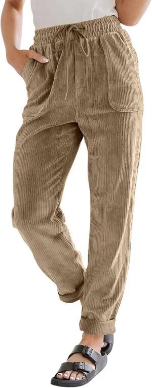 Womens Corduroy Pants Elastic High Waist Straight Leg Pants Casual Comfy Lightweight Cotton Baggy Trousers w/Pockets